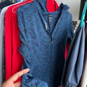 Reebok blue pull over with hoodie and thumb covers